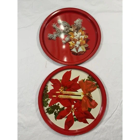 2 Vtg Christmas Serving Trays Metal MCM Party Tin Poinsettia 11‎ Inch Good