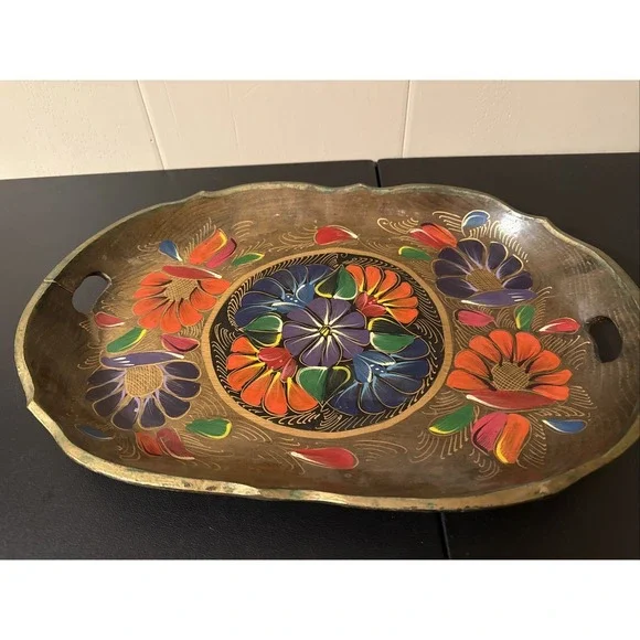 Vintage Hand Painted Wooden Serving Tray 19.5 In Long Flower Design