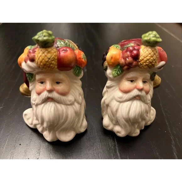 Vintage Christmas‎ Santa Faces  Salt and Pepper Shaker Set Fruit Hats K&B