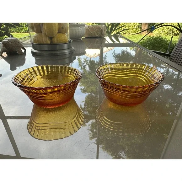 Vintage Rare Duralex Frosted‎ Brown Amber Glass Wave Dessert bowls france set/2
