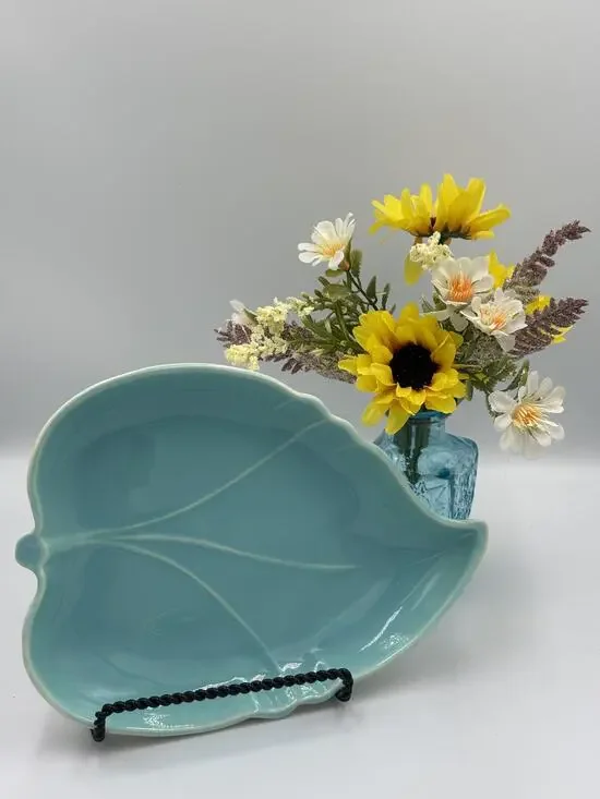 Vintage Aqua Ceramic Leaf Serving Plate - Made In USA - Coastal Decor Turquoise