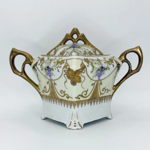 Vintage Silesia Porcelain Sugar Bowl with Lid Gold Gilt Floral Design‎ Coquette