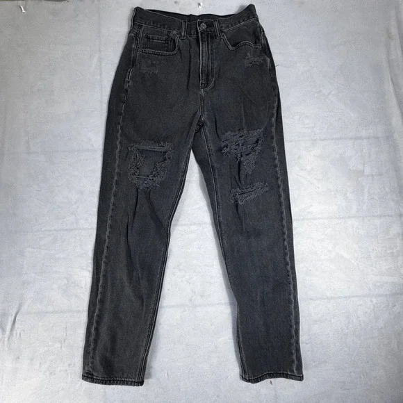 American Eagle Outfitters Womens Distressed Jeans Black Denim Tapered Leg 2‎ Reg