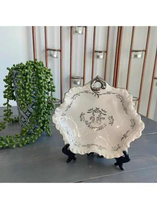 Vintage 25th Anniversary Decorative Porcelain China Bowl Hand Painted Silver