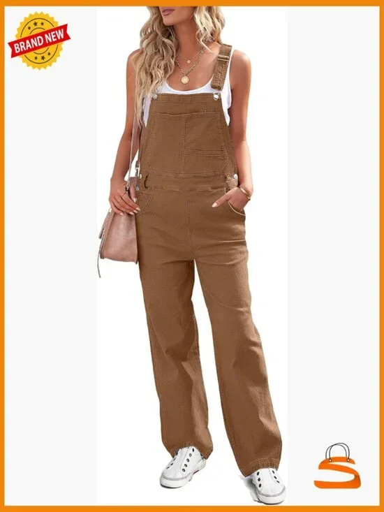 Women Loose Fit Denim Bib Overalls Jumpsuit Straight Wide Leg Stretchy