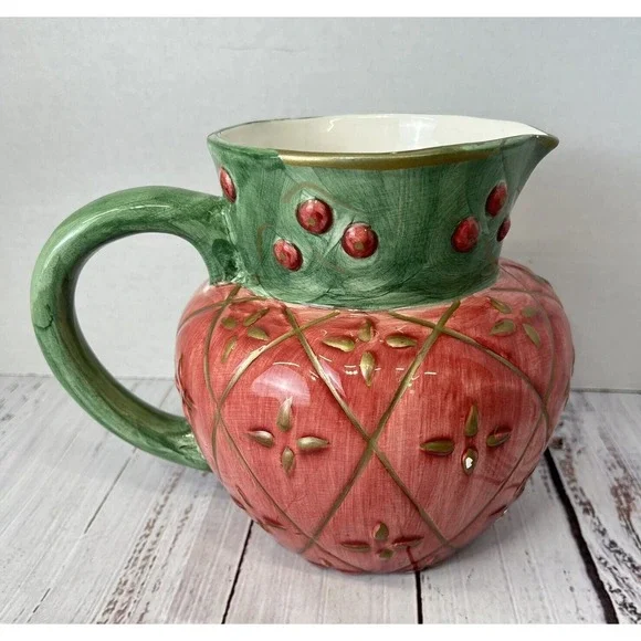 Vtg 1995 Llauter Collection Pitcher Jar Green Pink Gold Ceramic Strawberry