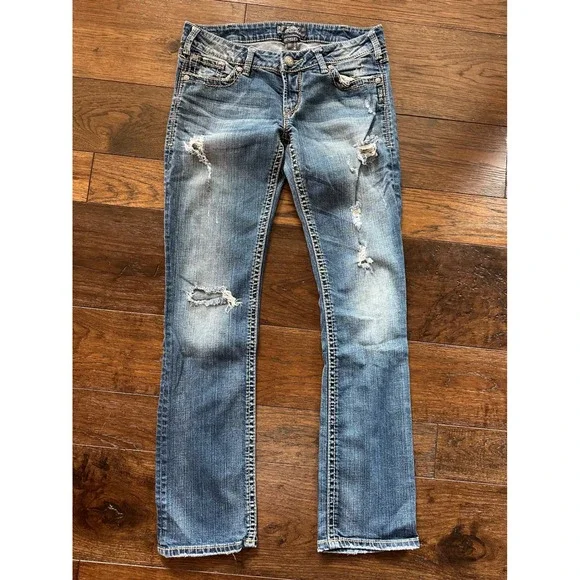 Silver Jeans Co Berkley Womens 30x32 Distressed Bootcut Jeans Blue L93055JP278