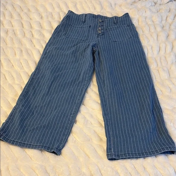 Flex High Waisted Stripes Cropped Straight Leg Casual Jeans with Pockets C3