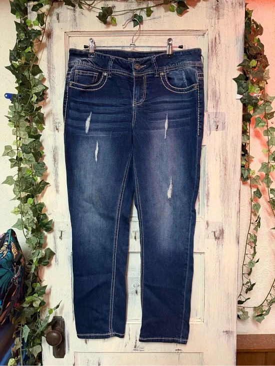 Maurices Dark Wash Straight Leg Jeans with Distressed Accents