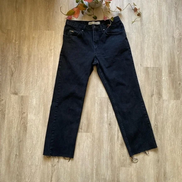 Vintage Lee Jeans High Waisted Straight Leg Black Denim Jeans Raw Hem