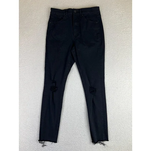 Express Skinny High Rise Jeans Womens 6R Black Distressed Raw Hem Stretch Denim