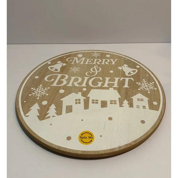 Merry & Bright Christmas Lazy Susan 14 Inch Wooden Rotating Serving Tray White