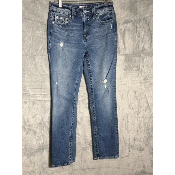 Vigoss Straight Leg Distressed Jeans Blue Medium Wash Embroidered Pockets Size 8