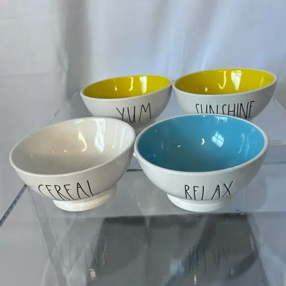 Rae Dunn Artisan Collection Cereal Bowls Set of 4 Sunshine Yum Relax Farmhouse