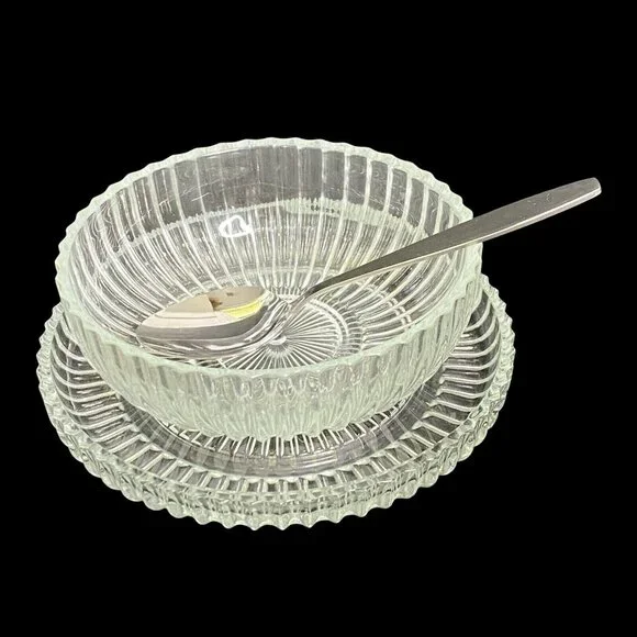 American Indiana Glass Clear Crystal‎ Sauce Dressing Set with Stainless Server