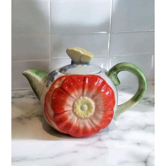 New Spring Summer Floral Flower Ceramic Teapot W/ Butterfly Tea Pot Gift