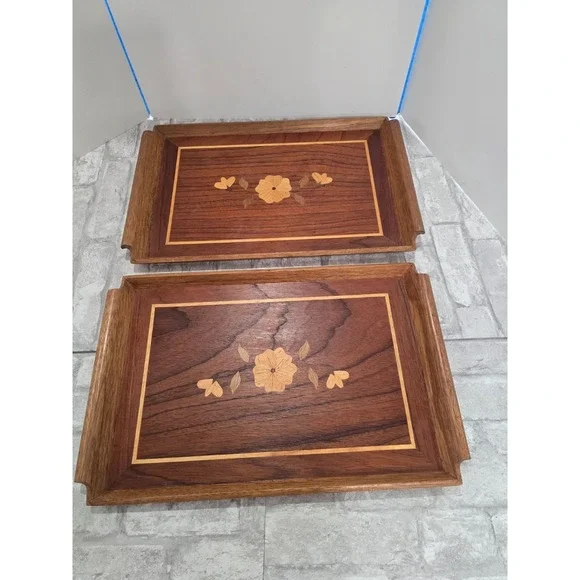 2 Vintage Mid Century Riekes Crisa Wood Inlay Tray Spline Joints Floral Motif