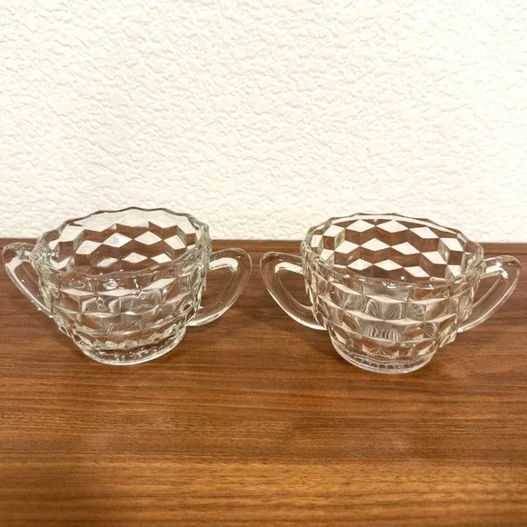 VTG Set of TWO Jeannette Depression Glass Clear Cubist Sugar Condiment 3.5