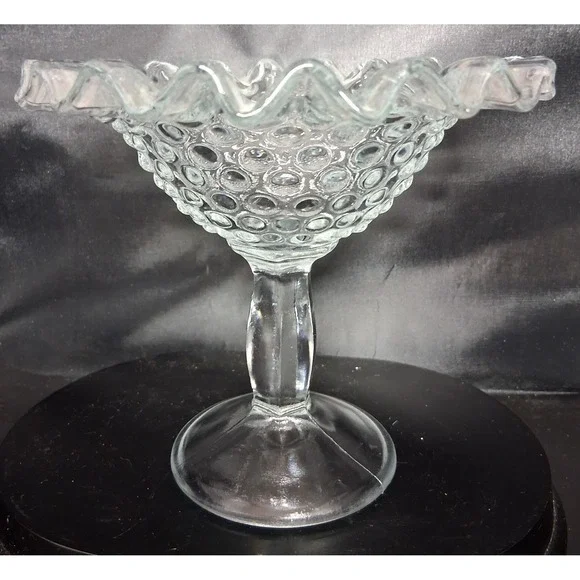 Fenton Clear Hobnail Glass Compote Pedestal Candy Dish Ruffled Rim Vintage