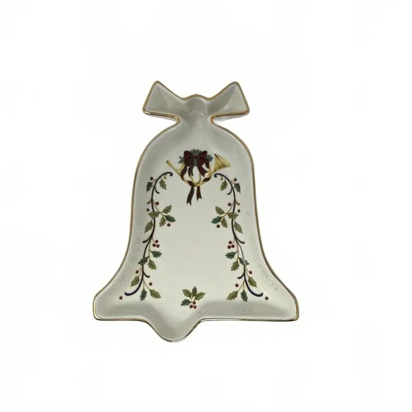 Mikasa Holiday Elegance Christmas Bell Dish Holly Gold Trim Serving Tray