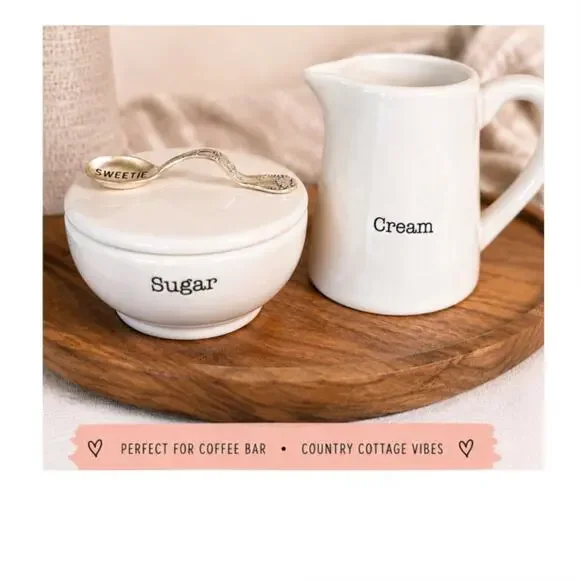Mud Pie Circa Cream & Sugar Set Farmhouse Ceramic Sugar Bowl Sweetie Spoon