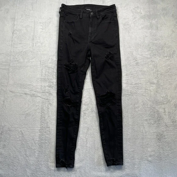 American Eagle Super Hi-Rise Jegging Womens 4 Black Distressed Ripped Next Level