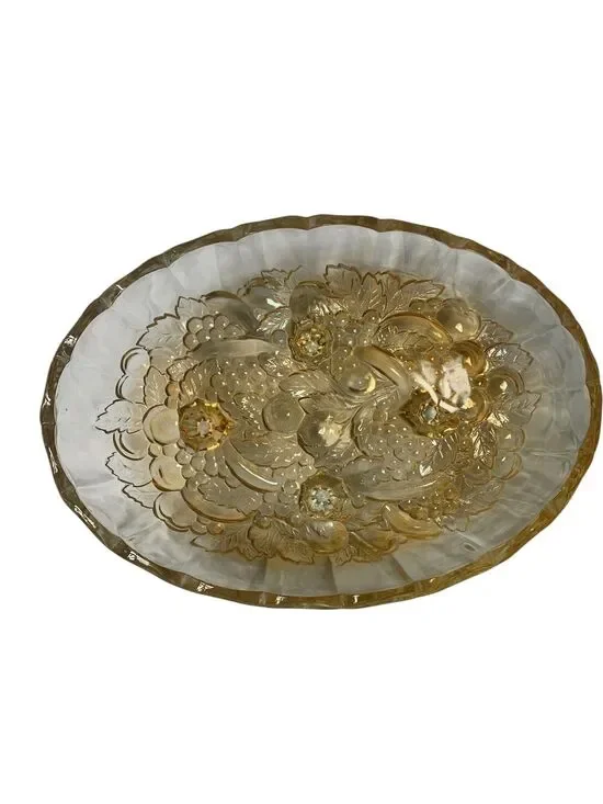 VTG RETRO MCM Large Footed Fruit Bowl Indiana Glass yellow Harvest DECOR ART