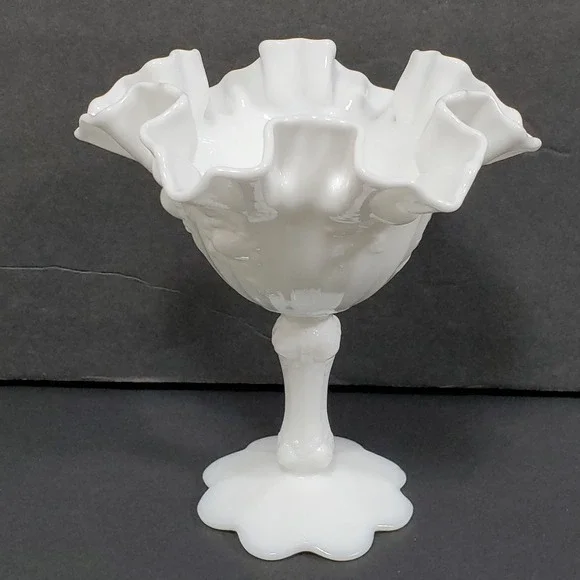 Fenton Milk Glass Compote‎ Dish White Ruffled Pedestal Bowl VTG