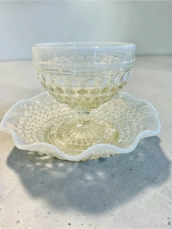 Vintage Moonstone Opalescent Hobnail Sherbet Coupe & Dessert Plates Set of 6