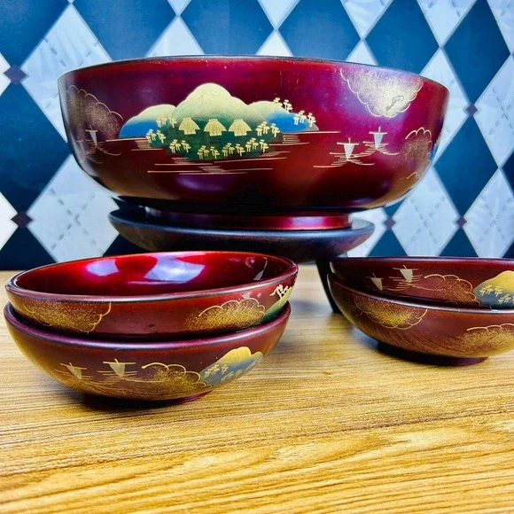 Vintage‎ Japanese Lacquer Bowl Set Red Gold Serving Landscape Pagoda