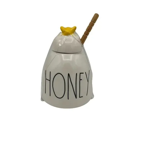 Rae Dunn by Magenta, Honeypot with Lid & Wooden Honey stick Bee Collection