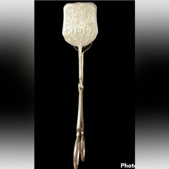 Vintage Silver Plated Floral Ornate Serving Bread ,Salad Server Scissor Tong