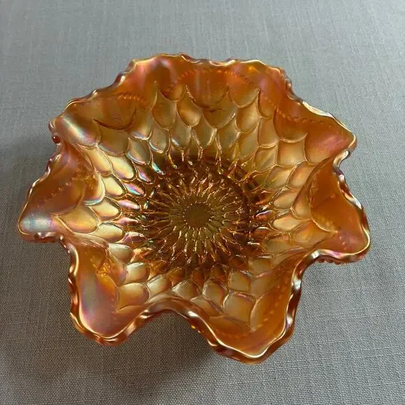 Vintage Marigold Carnival Glass Ruffled Bowl Petal Pattern 6.5 Inch