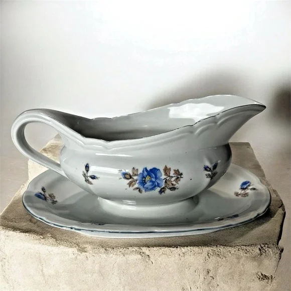 Vintage Edelstein Bavaria‎ Gravy Boat w/ Attached Underplate Blue Floral 🇩🇪
