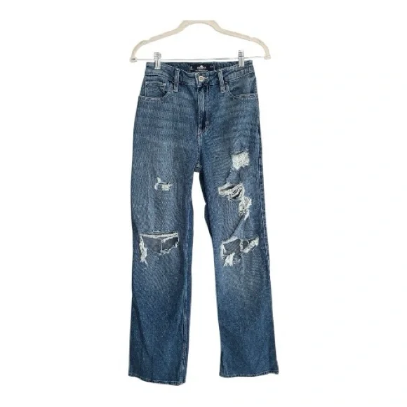 Hollister Distressed Blue Straight-Leg Dad Jeans Size 00