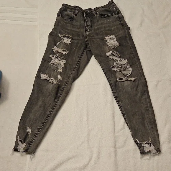 BALAM Women's Grey Skinny Jeans Stretch‎ Denim Distressed Zip Button