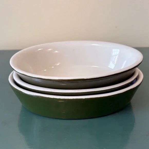 Vintage Hall Avocado Green & White Oval Au Gratin Ramekins - Set of 3