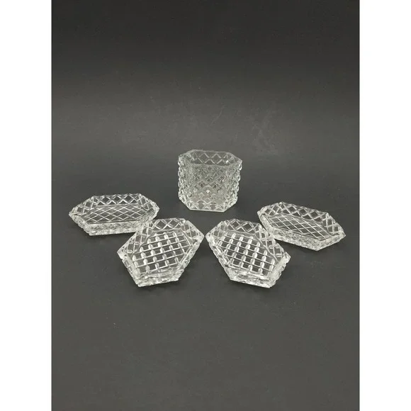 Vtg Set Of 4 Diamond Pattern Small Ashtrays Or Salt Cellars W/ Toothpick Holder‎