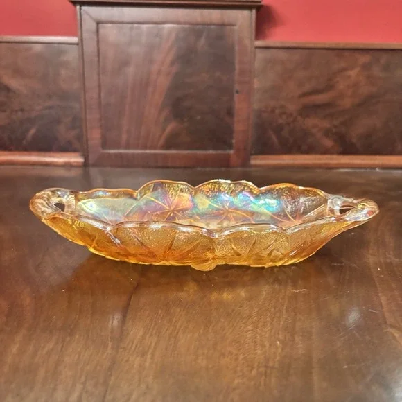 Vintage Indiana Carnival Glass Marigold Relish Dish Iridescent‎ Floral Handled