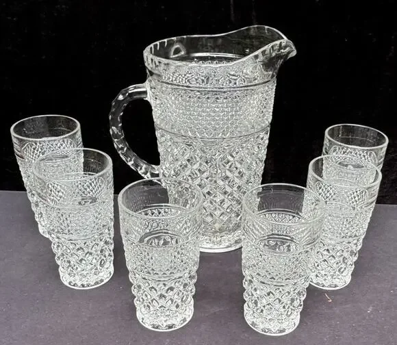 Anchor Hocking Wexford Diamond Cut Glass Vintage Pitcher & 6 Glasses EUC -8/28