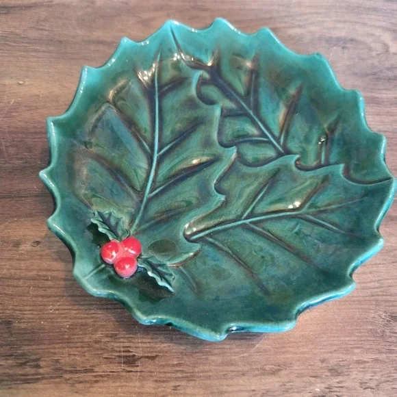 Vintage Lefton Green Holly Berry Compote Candy Dish Plate Serving Christmas 6