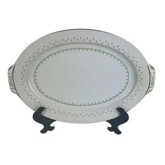 Narumi Fine China‎ La Salle Oval Platter Handles Silver Accents Midcentury Japan