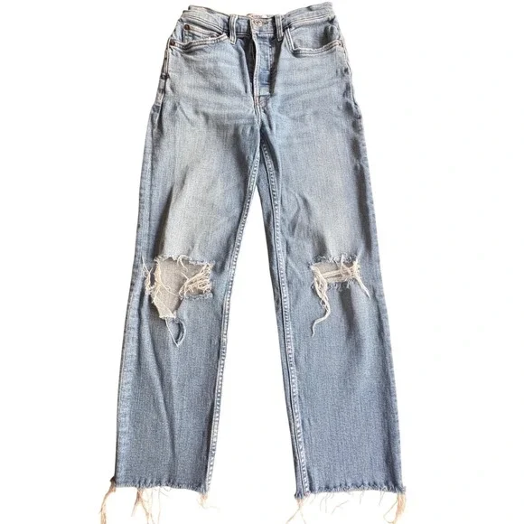 $304 RE/DONE Destroyed Dawn‎ Stove Pipe 70's Crop Straight Leg Denim Jeans SZ 25