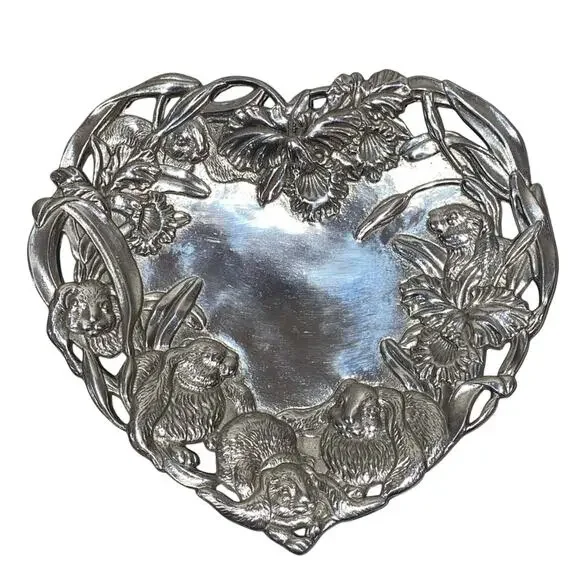 Arthur Court 1993 Bunny Orchid‎ Heart Platter Aluminum Vintage Tray