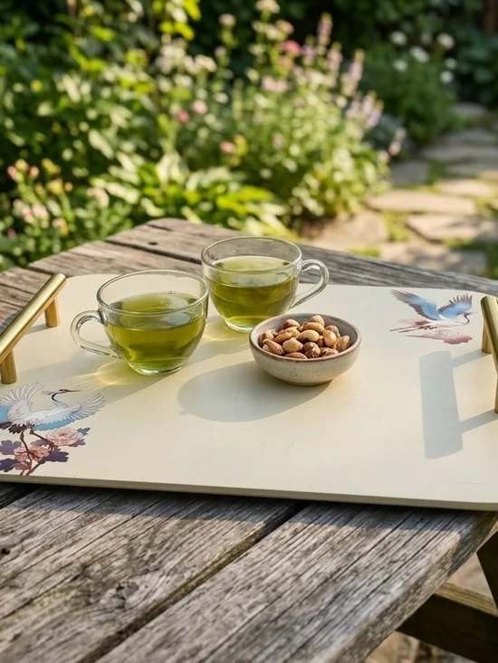 Wooden serving tray Japanese-style cranes Modern brushed-gold T-bar Handles