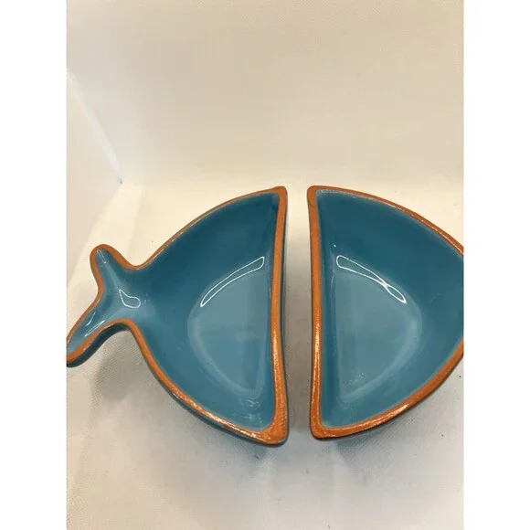 2-PC TERRACOTTA POTTERY BLUE FISH SERVING DISHES BOWLS MADE IN PORTUGAL