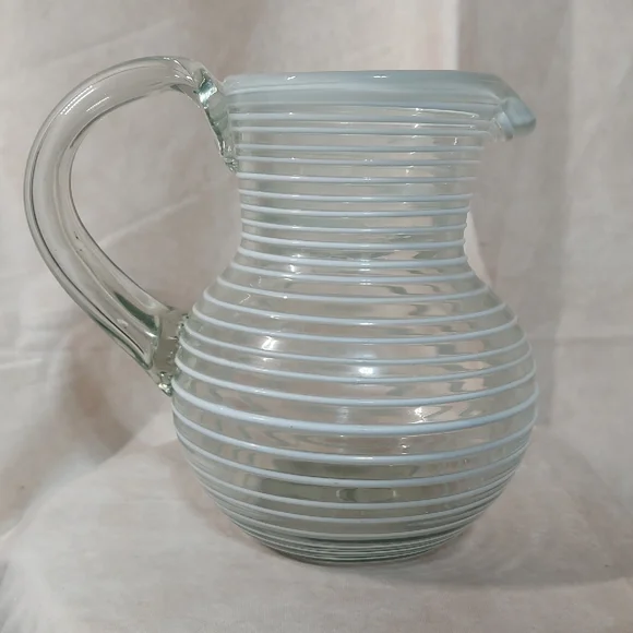 Eco-Friendly Handblown Recycled Glass Pitcher from Mexico - White Spirals