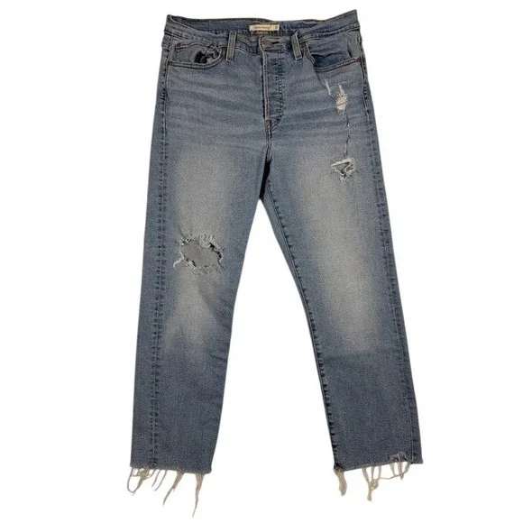 Levis Wedgie‎ Straight Distressed High Rise Jeans Light Wash Blue Size 32