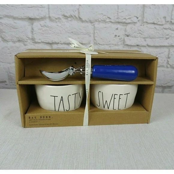 RAE DUNN Tasty And Sweet 3-PC Ice Cream Set 2 Bowls 1 Blue Scoop In Gift Box New