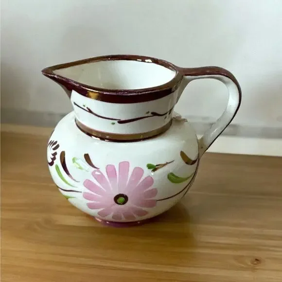 Vtg Gray’s Copper Lustre Miniature‎ Creamer Pitcher, 2 3/4” Pink Chrysanthemum